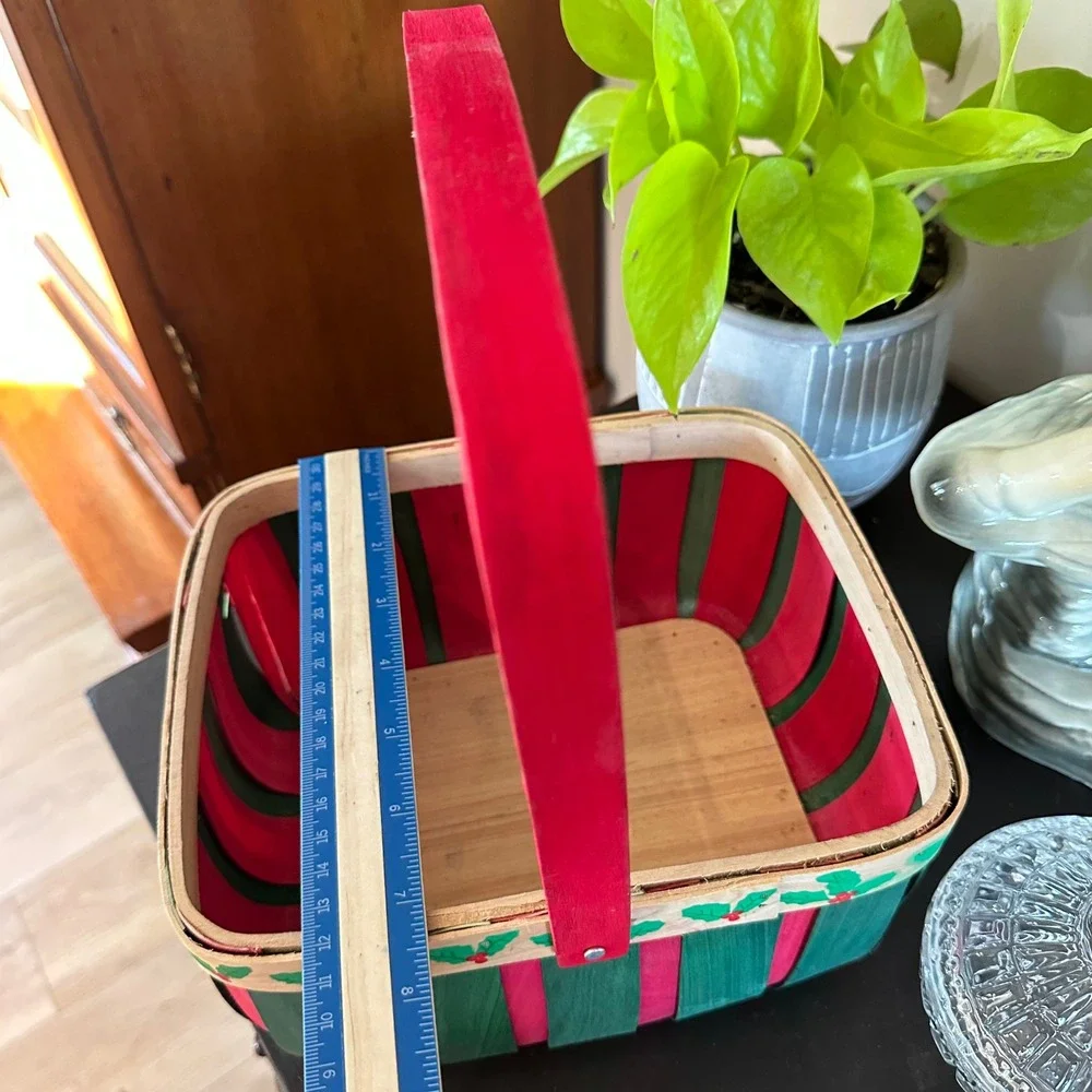 VTG Christmas Woven Wood Basket Red Green Stripe Holly Decor Cottagecore Country